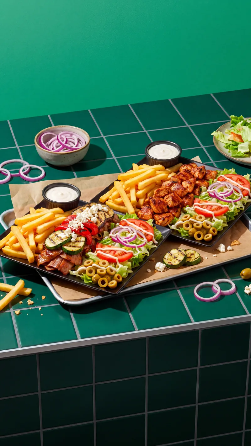 Une assiette servie avec des frites et de la salade