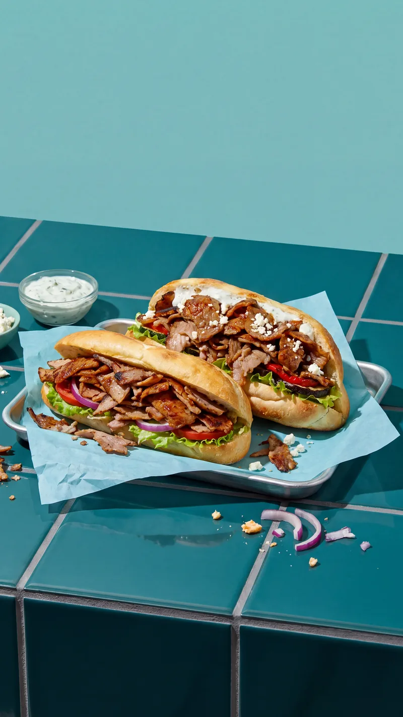 Un kebab ouvert, viande coupée à la broche et crudités